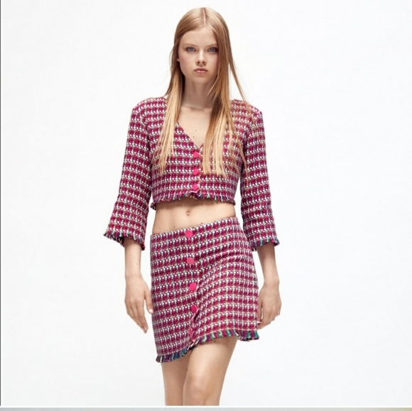 Zara women's multicolored tweed green/pink/cream medium. - Picture 3 of 7